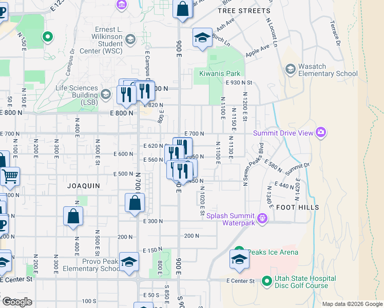 map of restaurants, bars, coffee shops, grocery stores, and more near 960 East 620 North Street in Provo