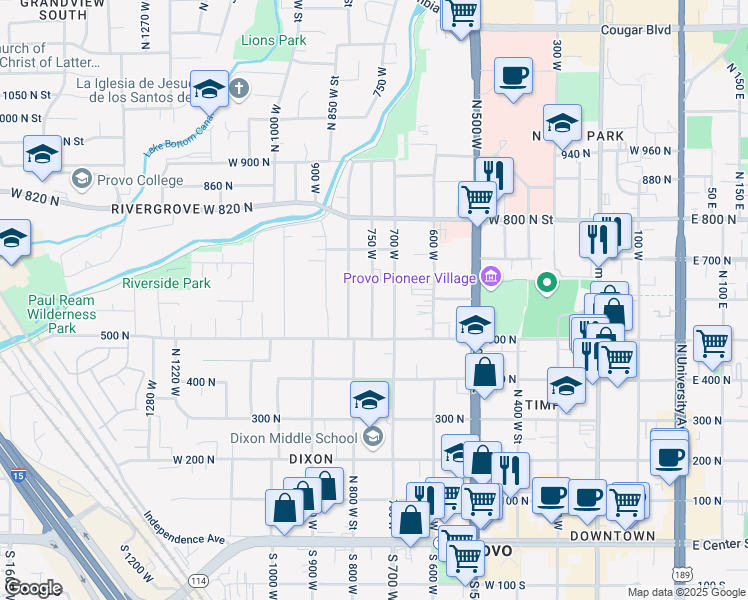 map of restaurants, bars, coffee shops, grocery stores, and more near 615n 750 West in Provo