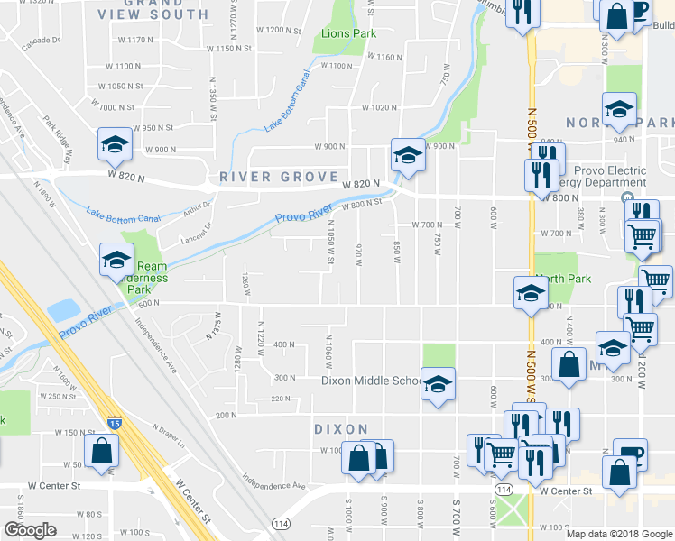 map of restaurants, bars, coffee shops, grocery stores, and more near 596 North 1050 West in Provo
