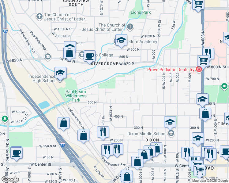 map of restaurants, bars, coffee shops, grocery stores, and more near 611 North 1150 West Street in Provo