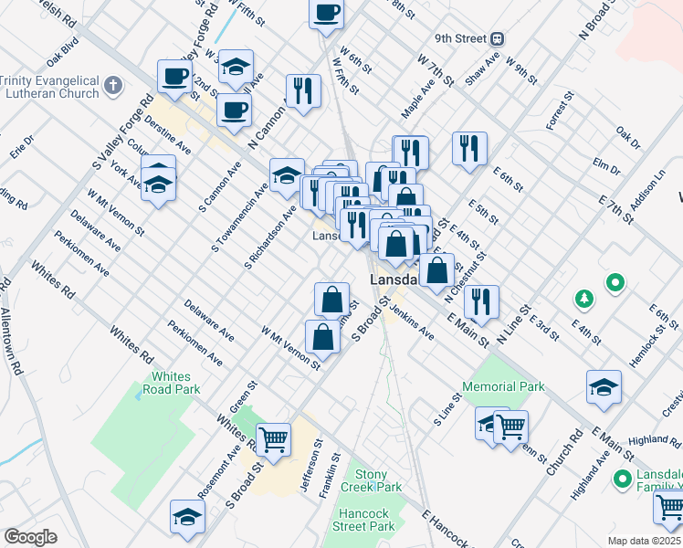 map of restaurants, bars, coffee shops, grocery stores, and more near 35 Green Street in Lansdale