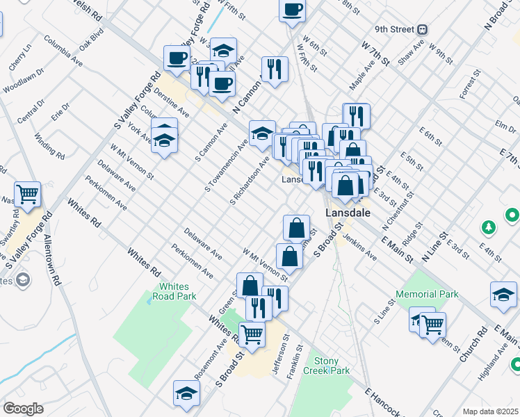 map of restaurants, bars, coffee shops, grocery stores, and more near 402 Columbia Avenue in Lansdale