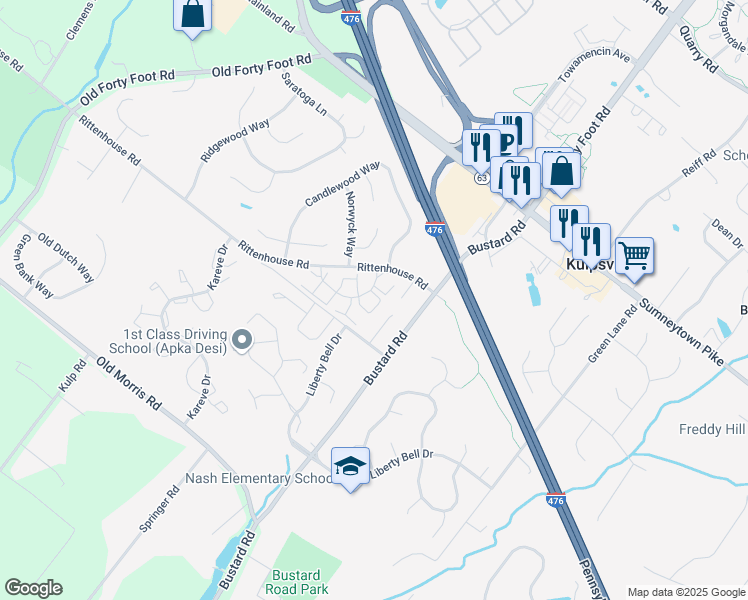 map of restaurants, bars, coffee shops, grocery stores, and more near 105 Westminster Court in Harleysville