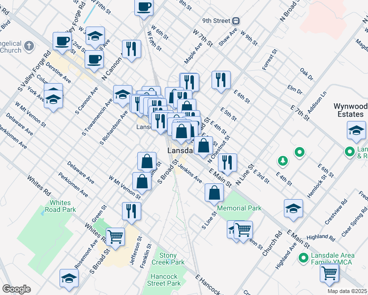 map of restaurants, bars, coffee shops, grocery stores, and more near 1 South Broad Street in Lansdale