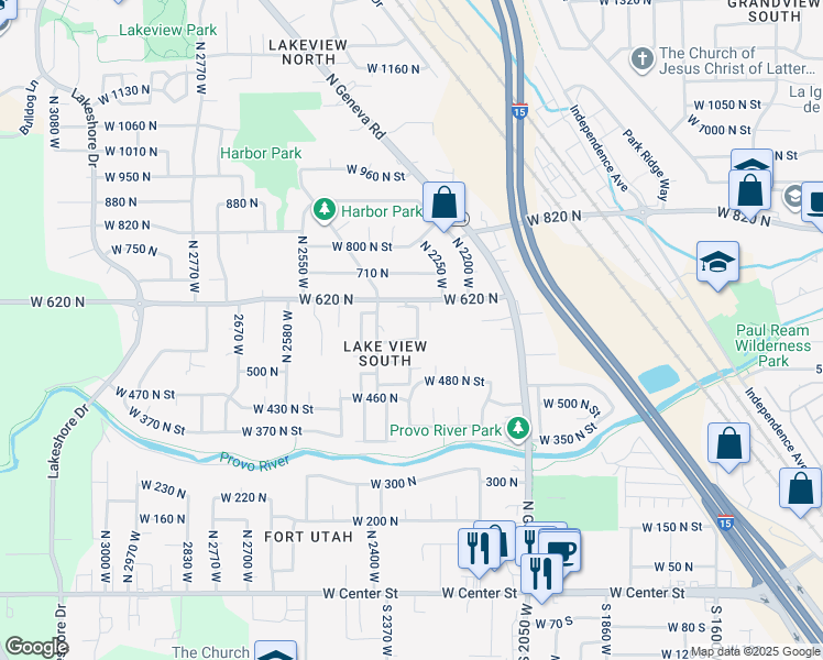 map of restaurants, bars, coffee shops, grocery stores, and more near 563 North 2310 West Street in Provo