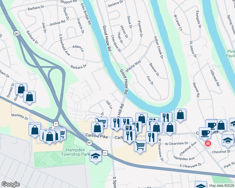 map of restaurants, bars, coffee shops, grocery stores, and more near 5010 Erbs Bridge Road in Mechanicsburg