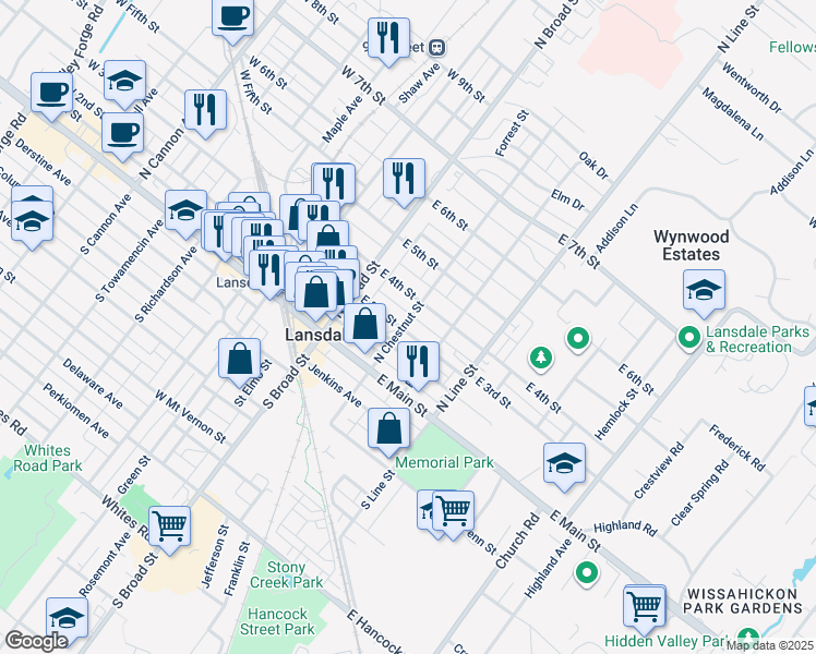 map of restaurants, bars, coffee shops, grocery stores, and more near 101 East 3rd Street in Lansdale