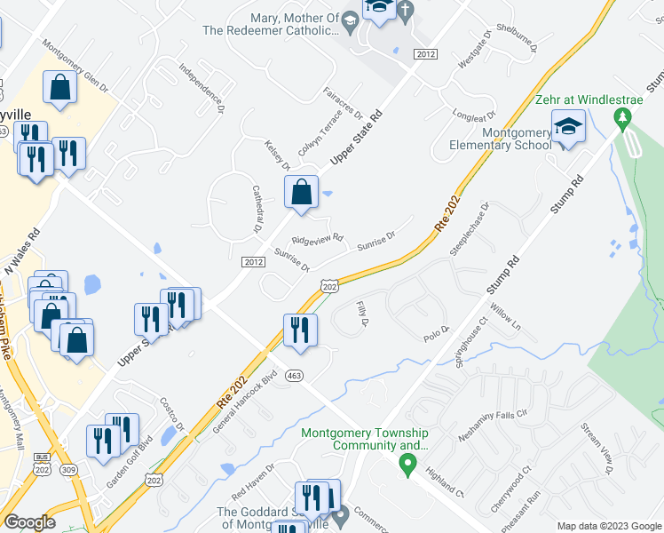 map of restaurants, bars, coffee shops, grocery stores, and more near 118 Sunrise Drive in North Wales