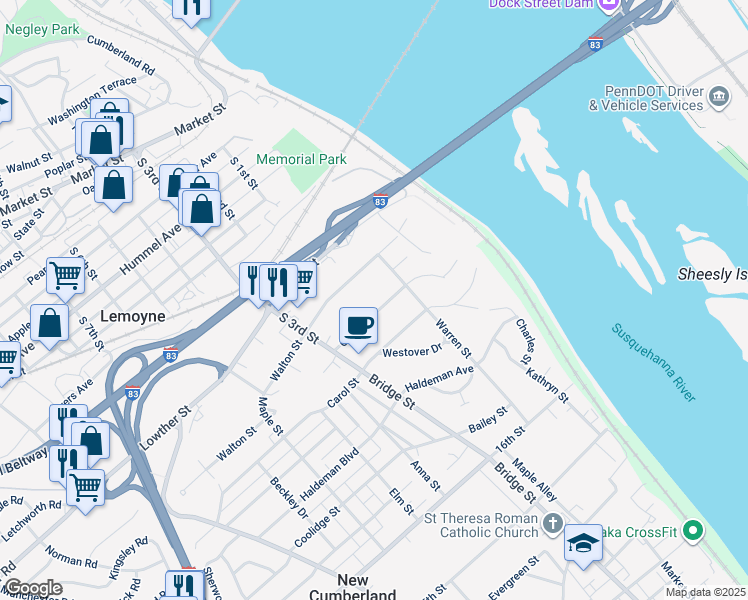 map of restaurants, bars, coffee shops, grocery stores, and more near 245 Clark St in Lemoyne