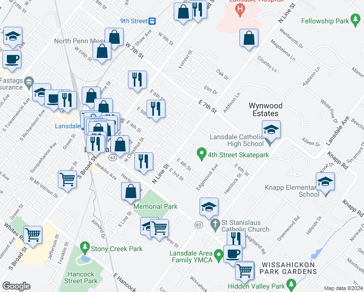 map of restaurants, bars, coffee shops, grocery stores, and more near 425 Williamson Ct. in Lansdale