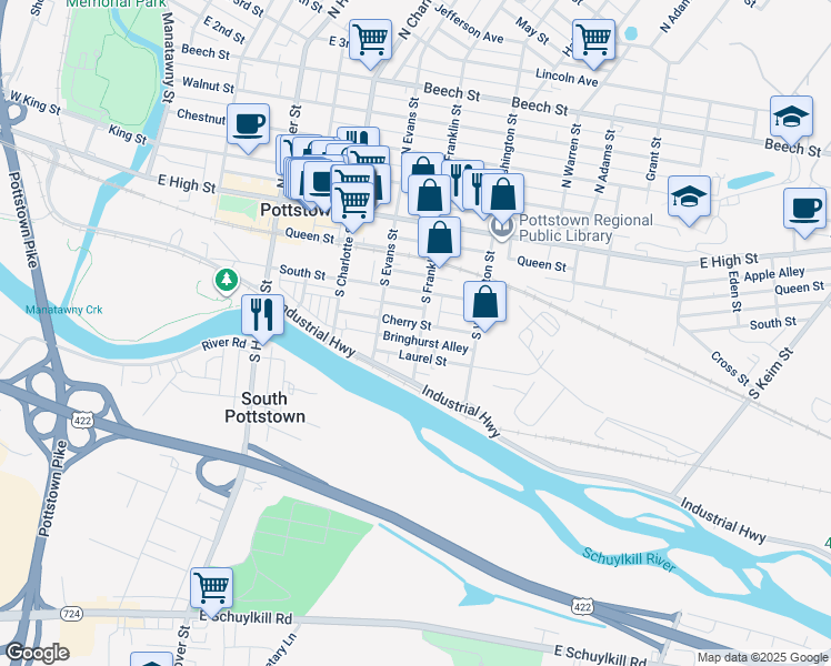 map of restaurants, bars, coffee shops, grocery stores, and more near 157 South Franklin Street in Pottstown
