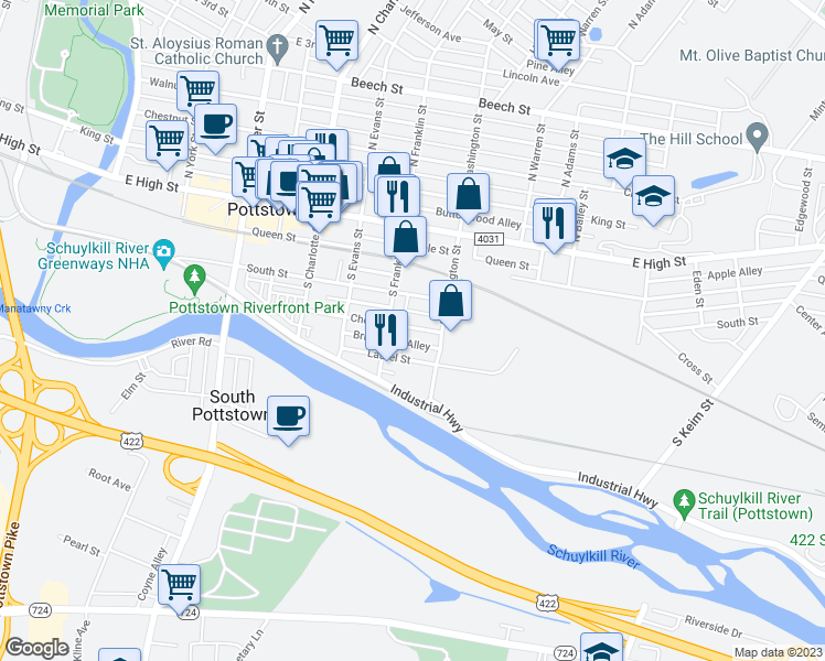 map of restaurants, bars, coffee shops, grocery stores, and more near 428 Cherry Street in Pottstown