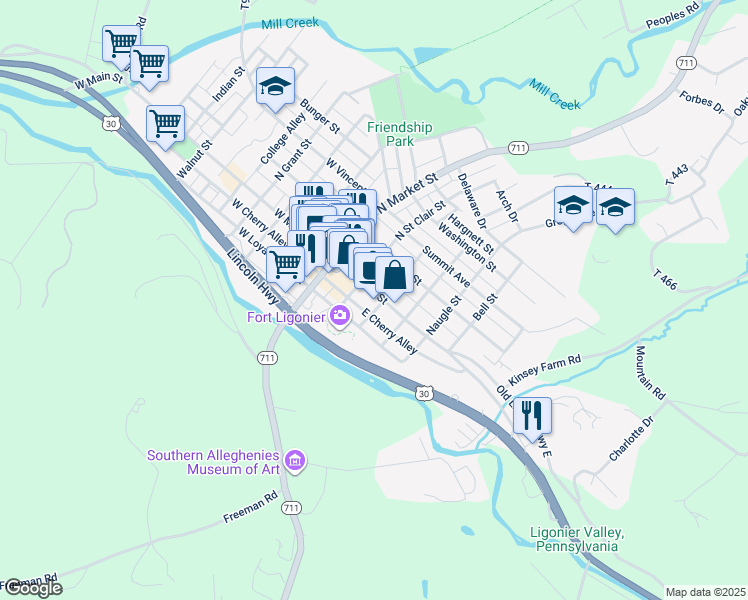 map of restaurants, bars, coffee shops, grocery stores, and more near 212 East Main Street in Ligonier