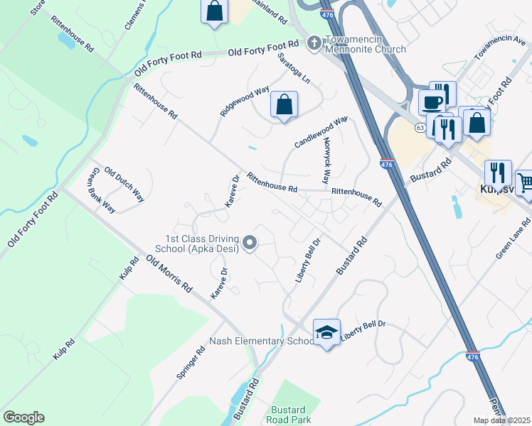 map of restaurants, bars, coffee shops, grocery stores, and more near 505 Heritage Drive in Harleysville