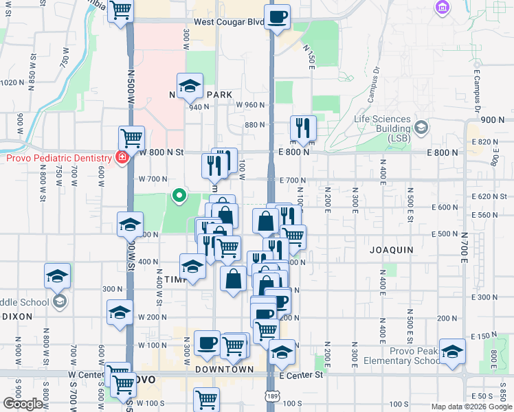 map of restaurants, bars, coffee shops, grocery stores, and more near 591 North University Avenue in Provo