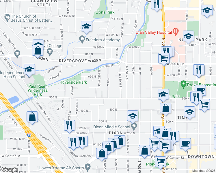 map of restaurants, bars, coffee shops, grocery stores, and more near 595 970 West in Provo