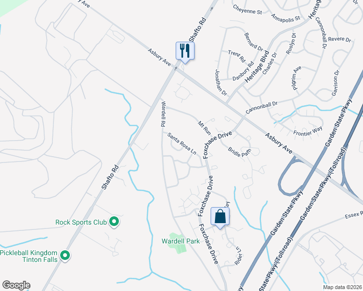 map of restaurants, bars, coffee shops, grocery stores, and more near 34 Santa Rosa Lane in Tinton Falls