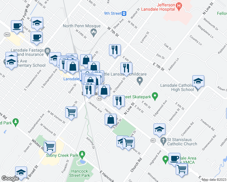 map of restaurants, bars, coffee shops, grocery stores, and more near 79 East 3rd Street in Lansdale
