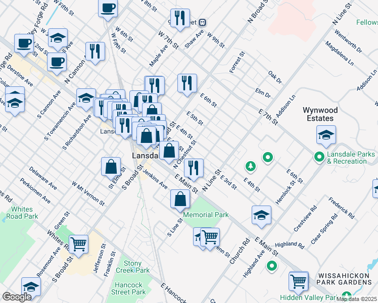 map of restaurants, bars, coffee shops, grocery stores, and more near 101 East 3rd Street in Lansdale