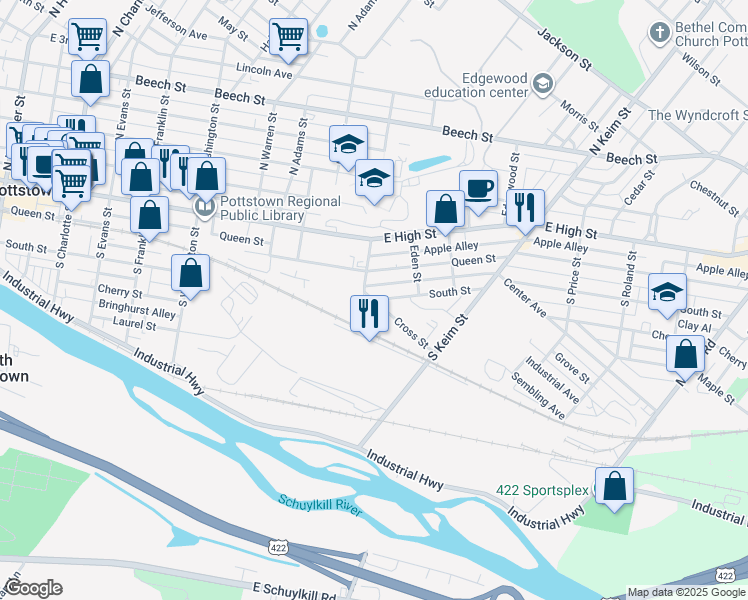 map of restaurants, bars, coffee shops, grocery stores, and more near South Street in Pottstown