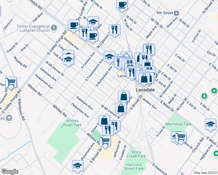 map of restaurants, bars, coffee shops, grocery stores, and more near 322 Columbia Avenue in Lansdale