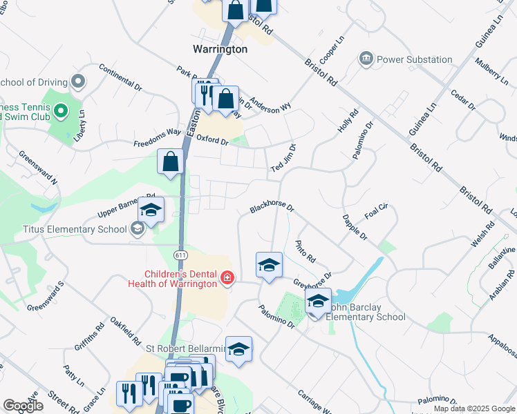 map of restaurants, bars, coffee shops, grocery stores, and more near 2221 Blackhorse Drive in Warrington