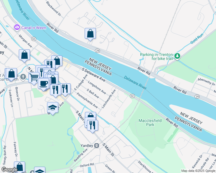 map of restaurants, bars, coffee shops, grocery stores, and more near 137 South Delaware Avenue in Yardley