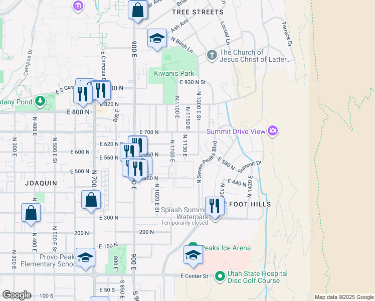 map of restaurants, bars, coffee shops, grocery stores, and more near 635 North 1130 East in Provo