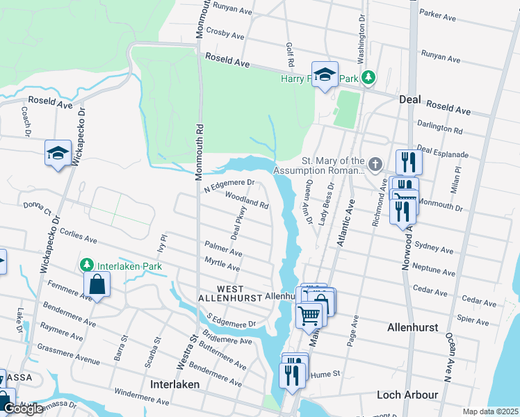 map of restaurants, bars, coffee shops, grocery stores, and more near 506 Woodland Road in Allenhurst