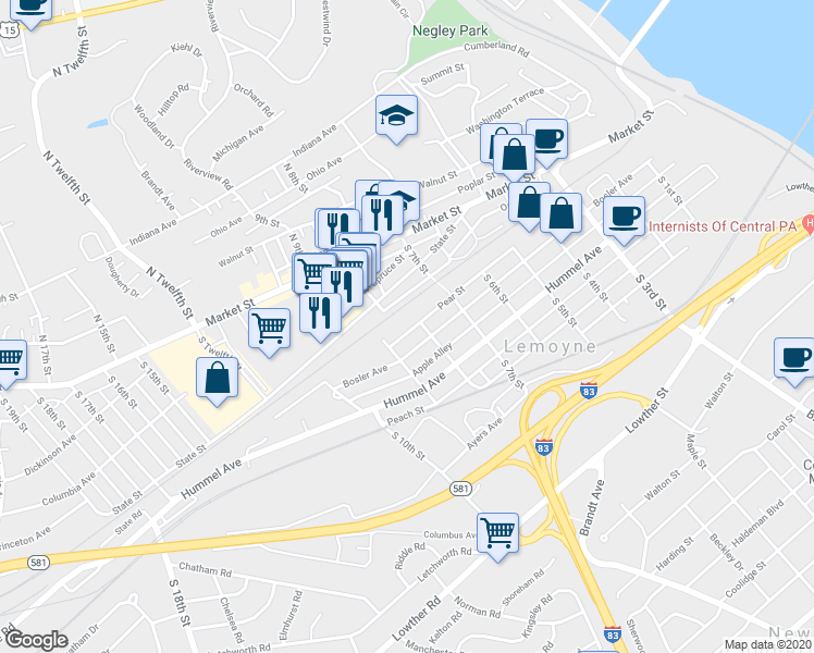 map of restaurants, bars, coffee shops, grocery stores, and more near 821 Pear Street in Lemoyne