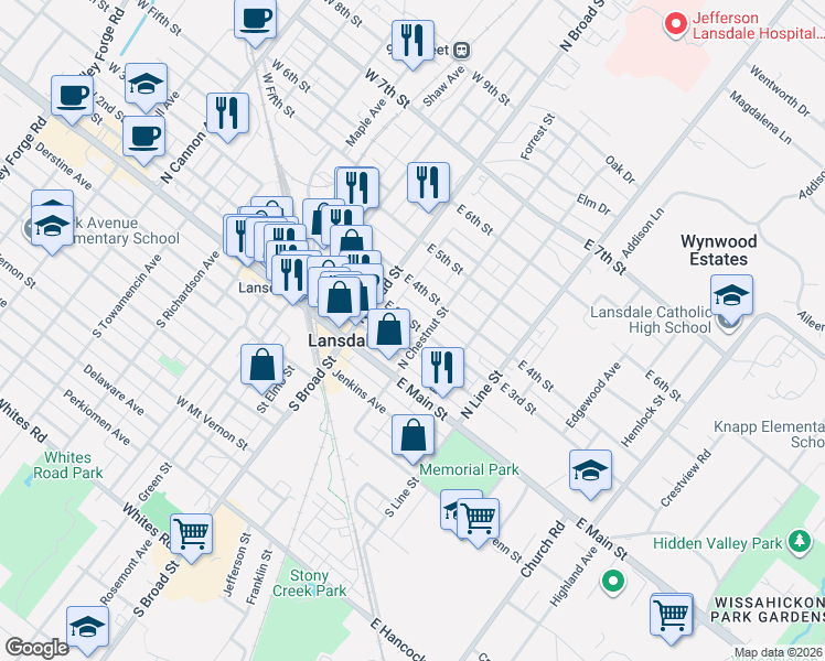 map of restaurants, bars, coffee shops, grocery stores, and more near 308 North Chestnut Street in Lansdale