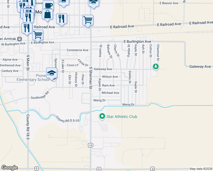 map of restaurants, bars, coffee shops, grocery stores, and more near 821 Ram Avenue in Fort Morgan