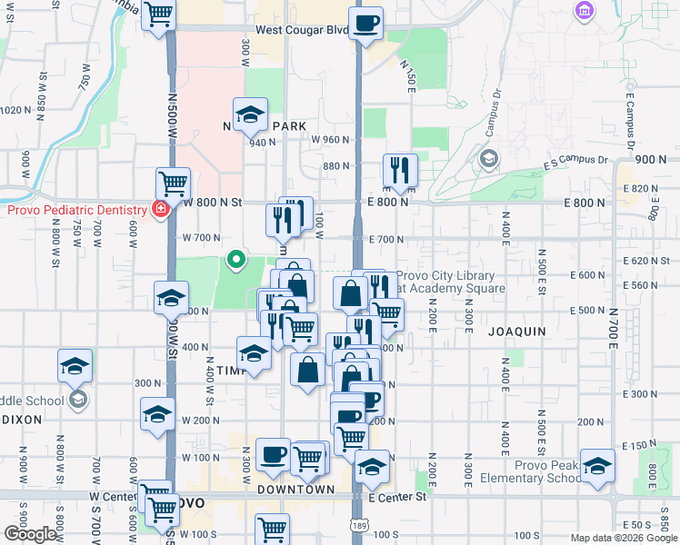map of restaurants, bars, coffee shops, grocery stores, and more near 620 100 West in Provo