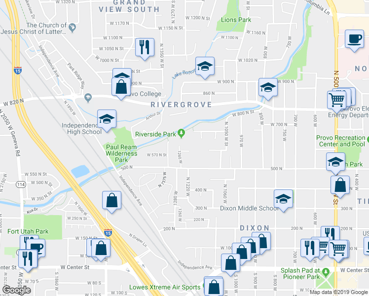 map of restaurants, bars, coffee shops, grocery stores, and more near 589 1260 West in Provo