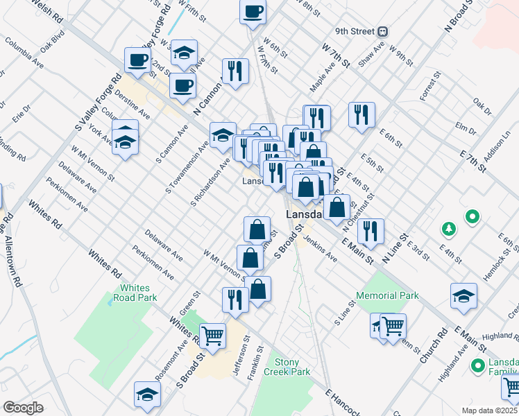 map of restaurants, bars, coffee shops, grocery stores, and more near 35 Green Street in Lansdale