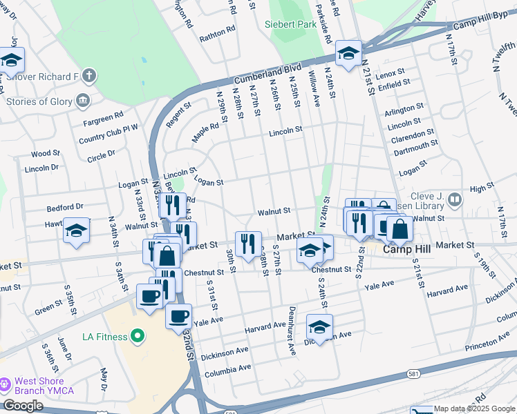 map of restaurants, bars, coffee shops, grocery stores, and more near 119 North 28th Street in Camp Hill