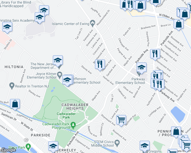map of restaurants, bars, coffee shops, grocery stores, and more near 8 Stacey Avenue in Trenton