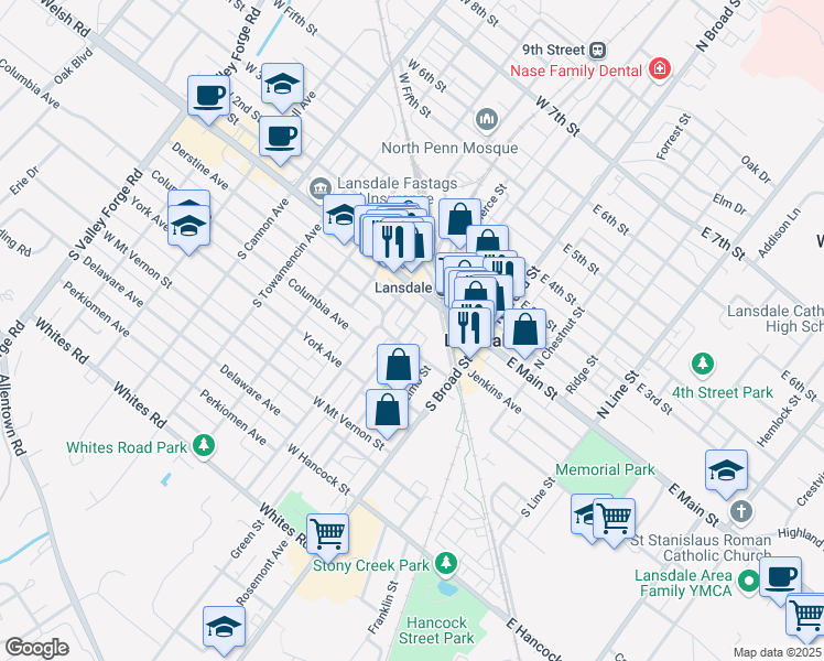 map of restaurants, bars, coffee shops, grocery stores, and more near 35 Green Street in Lansdale