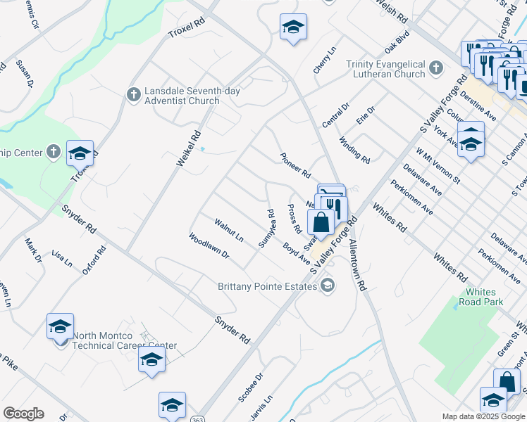 map of restaurants, bars, coffee shops, grocery stores, and more near 834 Sunnylea Rd in Lansdale