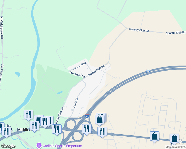 map of restaurants, bars, coffee shops, grocery stores, and more near 105 Country Club Road in Carlisle