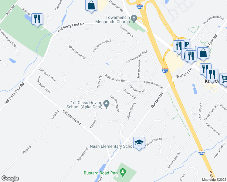 map of restaurants, bars, coffee shops, grocery stores, and more near 504 Heritage Drive in Harleysville