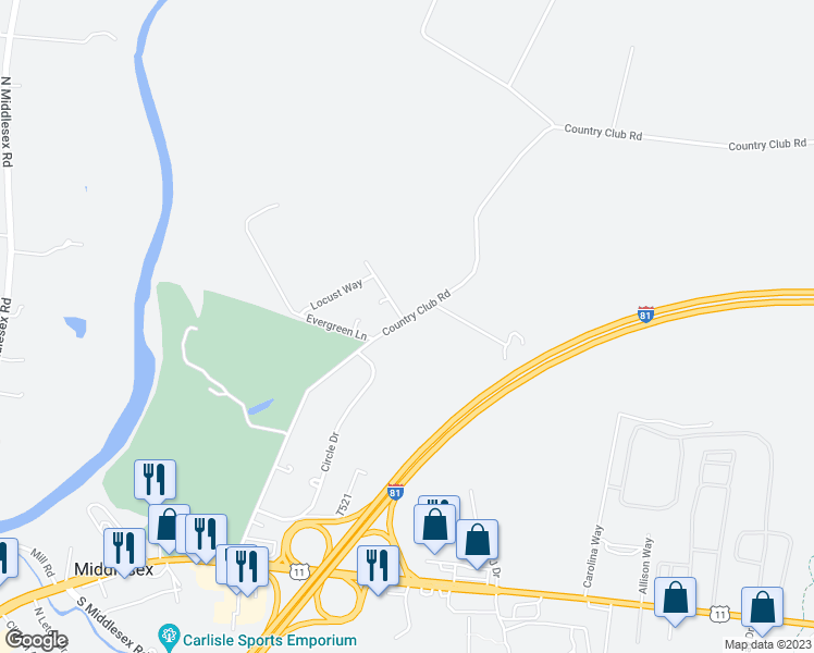 map of restaurants, bars, coffee shops, grocery stores, and more near 105 Country Club Road in Carlisle