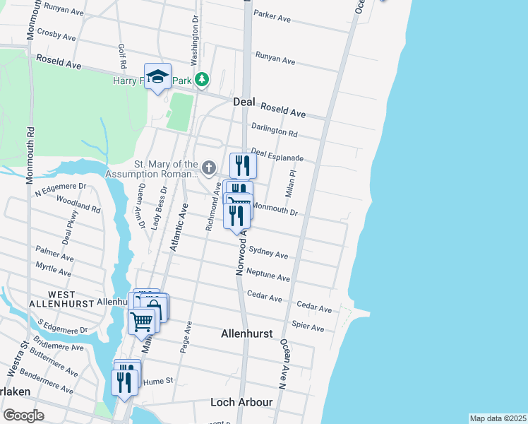 map of restaurants, bars, coffee shops, grocery stores, and more near 60 Monmouth Drive in Deal