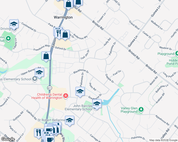 map of restaurants, bars, coffee shops, grocery stores, and more near 2141 Blackhorse Drive in Warrington