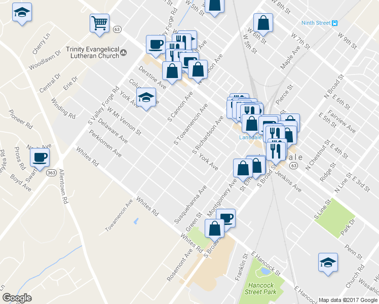 map of restaurants, bars, coffee shops, grocery stores, and more near 406 York Avenue in Lansdale