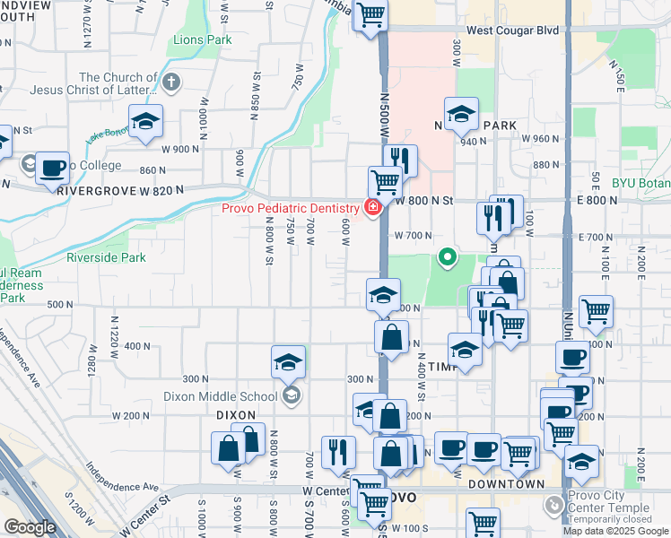 map of restaurants, bars, coffee shops, grocery stores, and more near 605 600 West in Provo