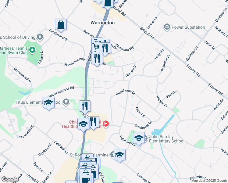 map of restaurants, bars, coffee shops, grocery stores, and more near 2221 Blackhorse Drive in Warrington