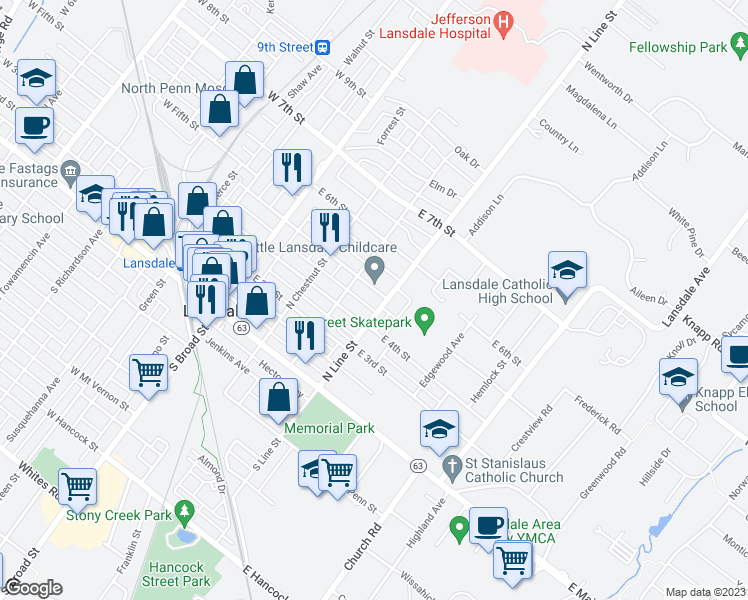 map of restaurants, bars, coffee shops, grocery stores, and more near 226 East 5th Street in Lansdale