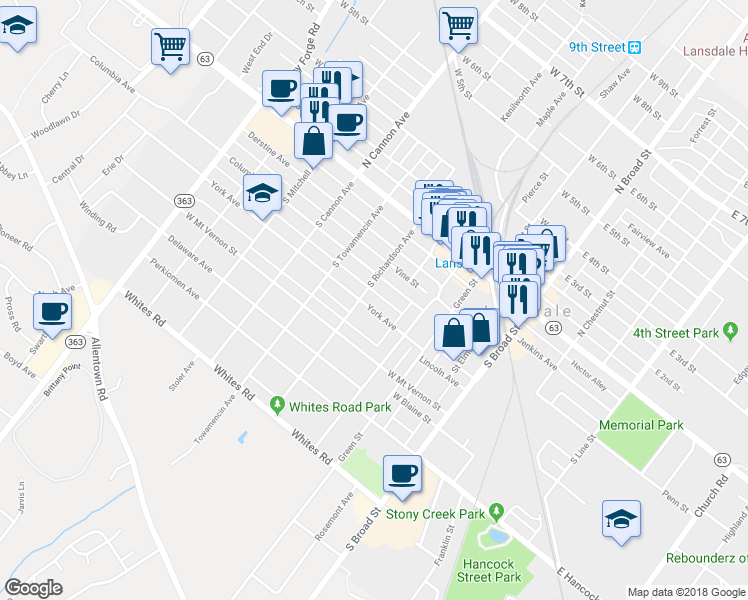 map of restaurants, bars, coffee shops, grocery stores, and more near 355 York Avenue in Lansdale