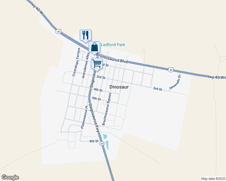 map of restaurants, bars, coffee shops, grocery stores, and more near 301-311 Brachtosaurus Bypass in Dinosaur